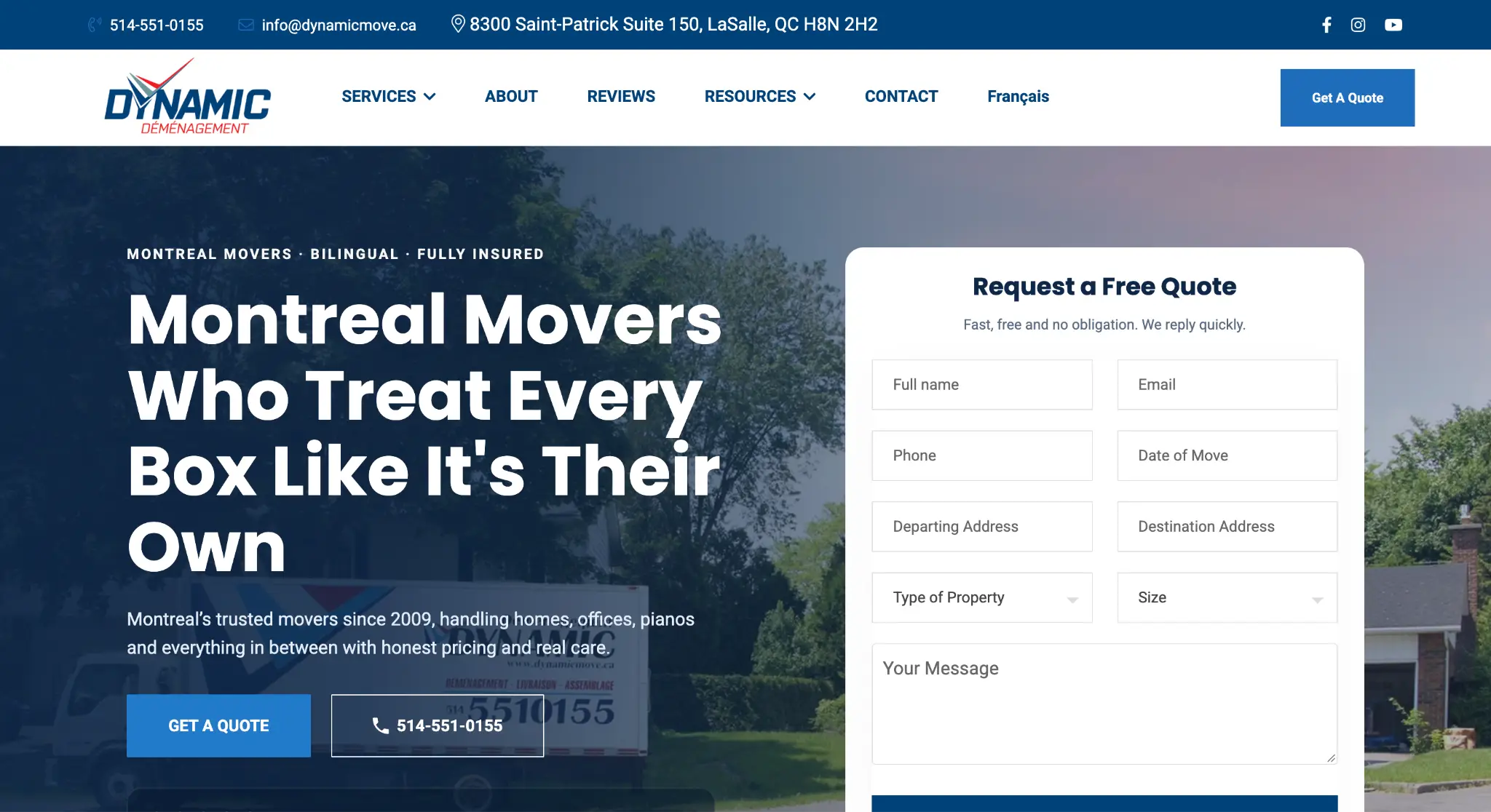 Website homepage of moving company with contact form and service information overlaid on outdoor scene