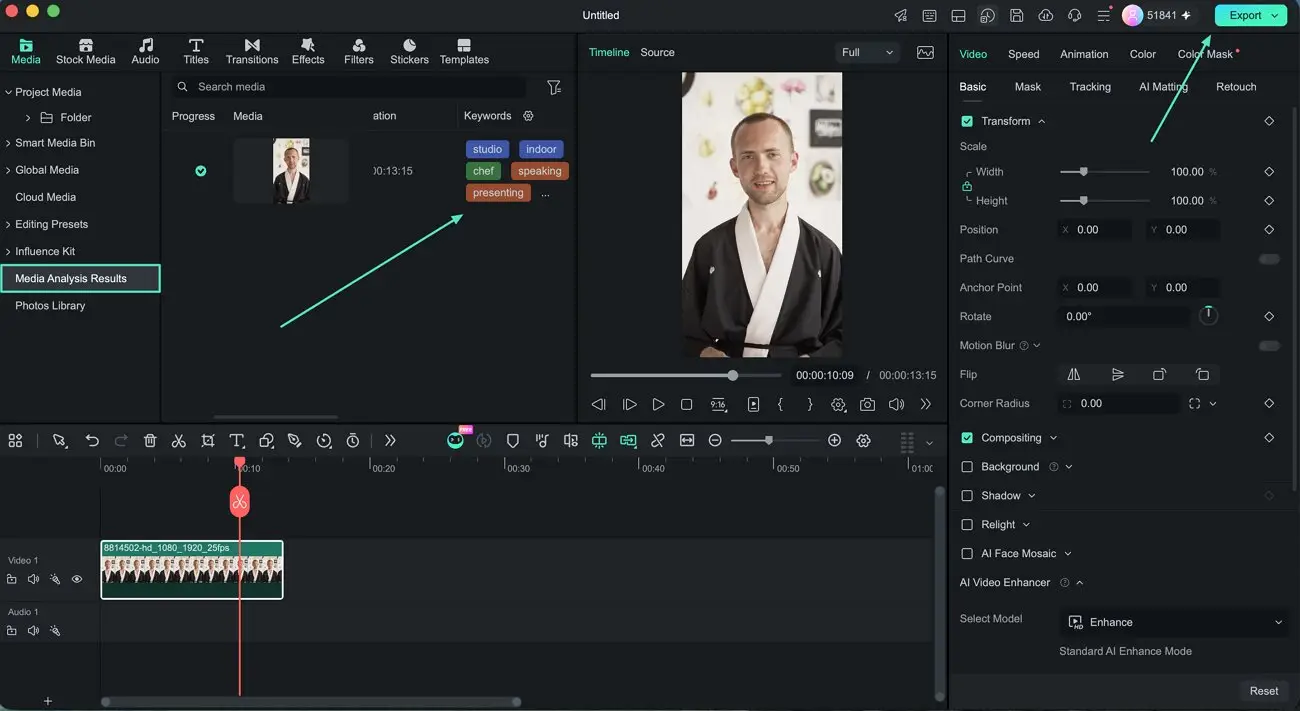 Video editing software interface with man in black and white robe on screen
