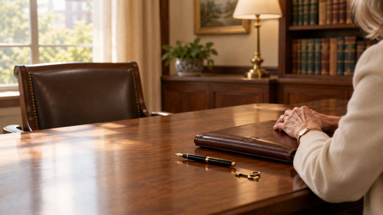Person seated at polished wooden desk with leather folder, pen, and keys in elegant office setting
