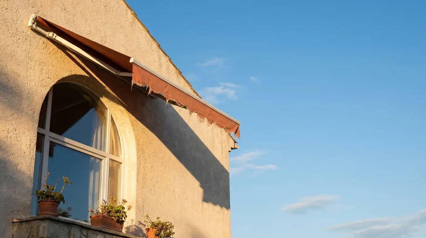 Terracotta awning over arched window with potted plants against blue sky