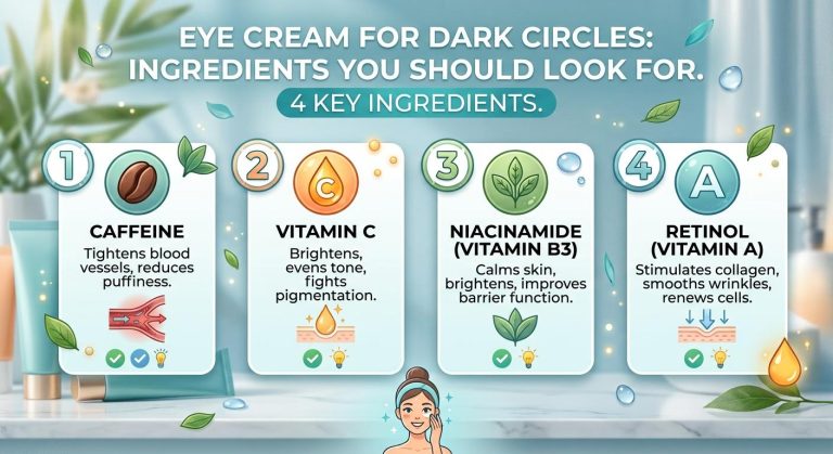 Four skincare ingredient cards with graphics and benefits descriptions on a spa-like bathroom counter