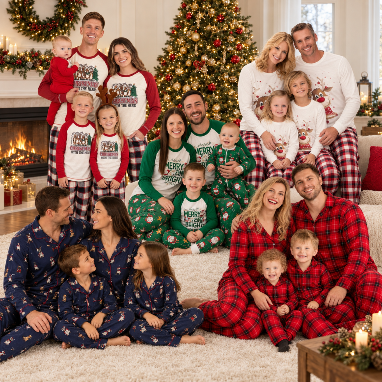 Large family in festive pajamas gathered in front of decorated Christmas tree indoors