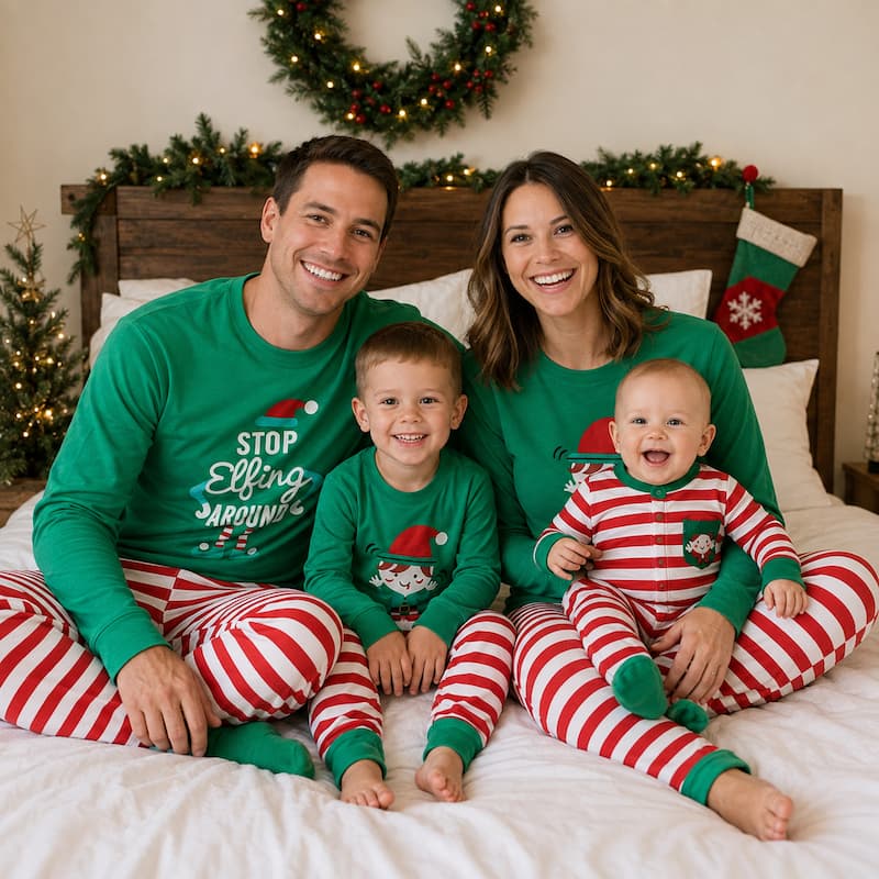 Family in matching Christmas pajamas sitting on bed with holiday decorations