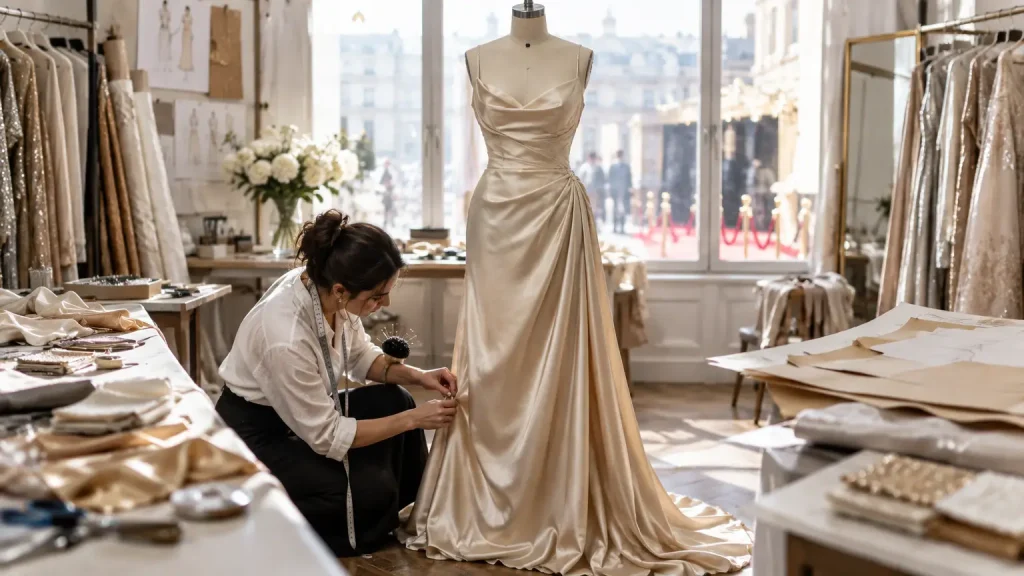 Designer adjusting elegant satin gown on mannequin in sunlit studio with sewing materials nearby