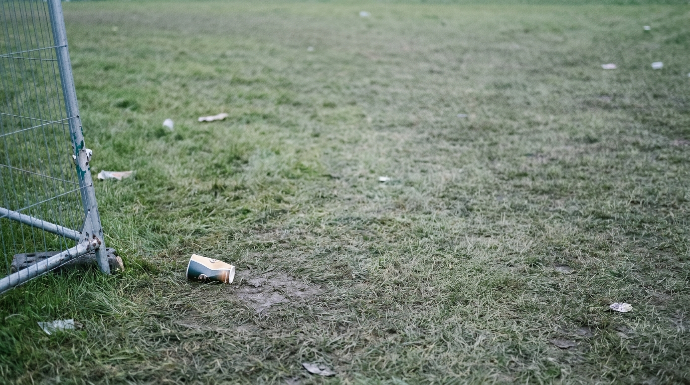 Discarded cup and litter on grass near metal fence in outdoor setting