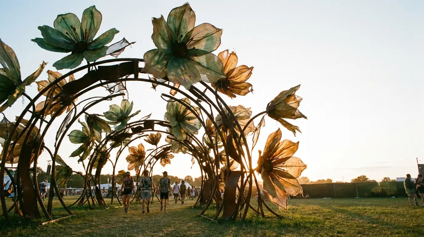 Large metal flower sculptures forming arches in grassy outdoor festival setting at sunset