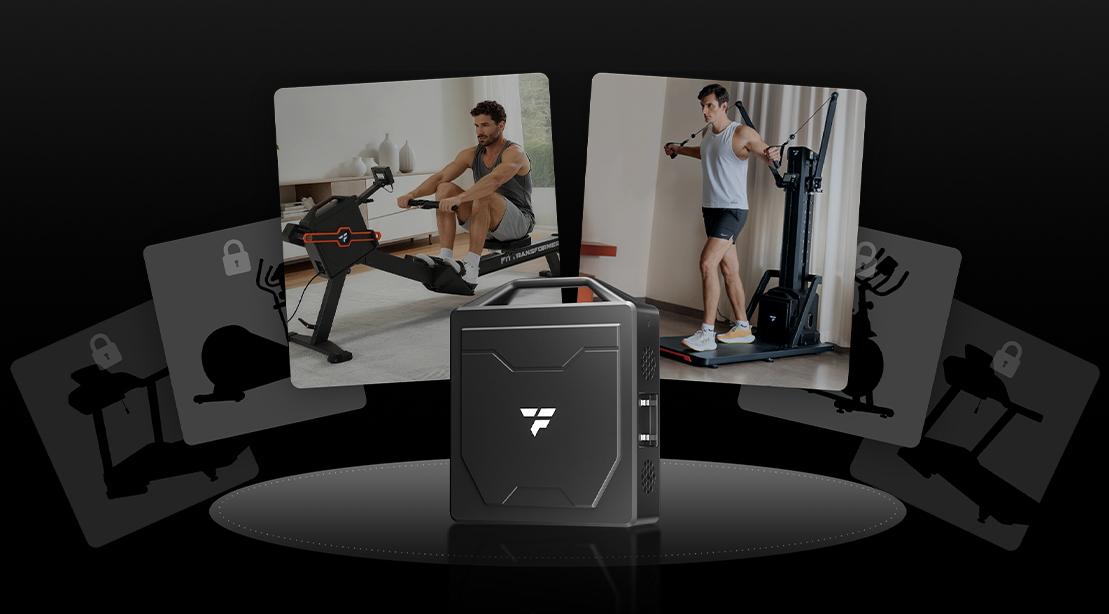 Black fitness equipment box with two images showing home workouts on a rowing machine and resistance trainer