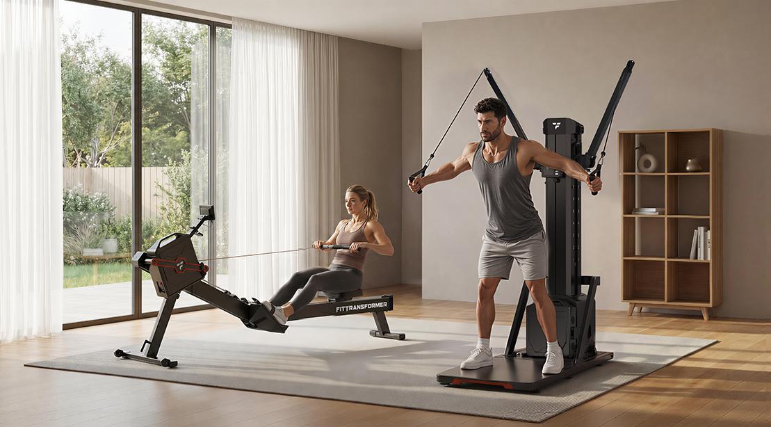 Two people exercising with fitness equipment in a bright home gym with large windows
