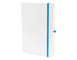 White notebook with blue elastic band and pen loop on plain background