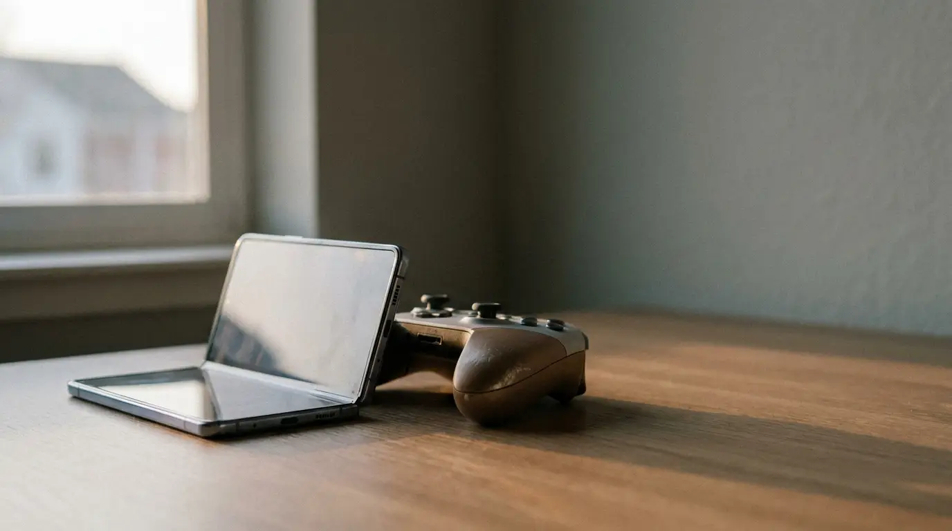 Folded laptop and game controller on wooden desk in soft natural light