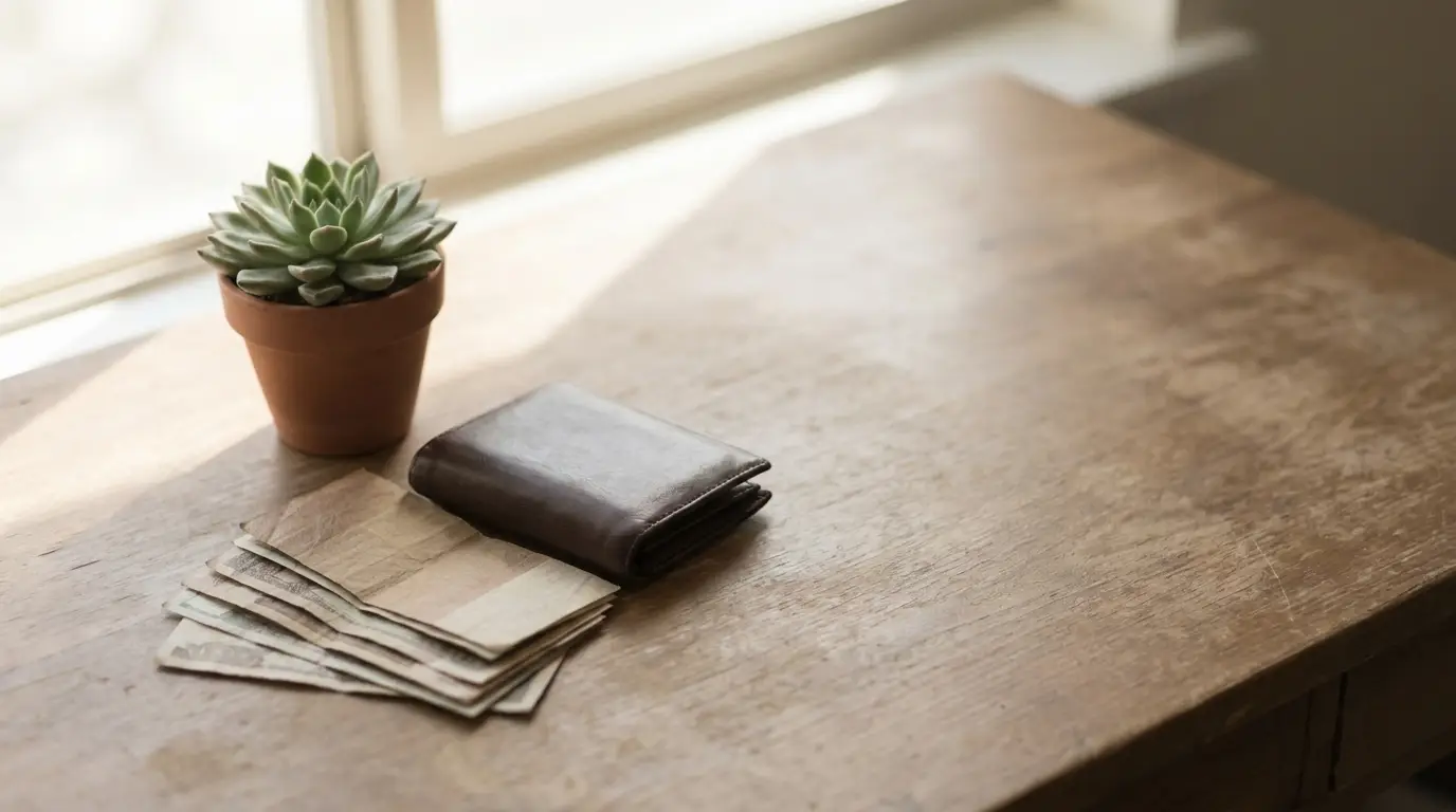 Wallet and cash next to potted succulent on wooden desk in natural light
