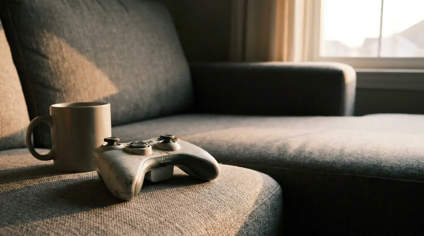 Game controller and coffee mug on gray sofa in softly lit living room