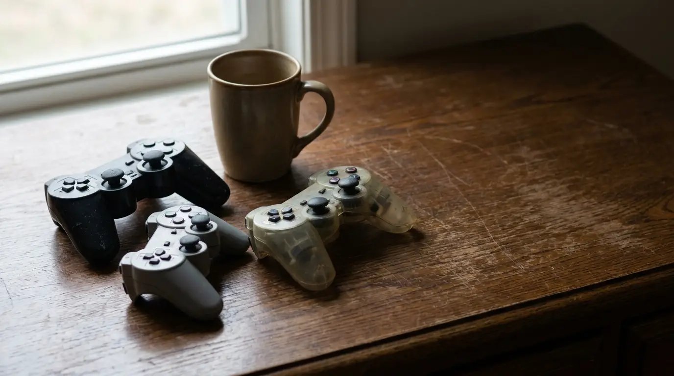 Three gaming controllers and a mug on a wooden table near a window