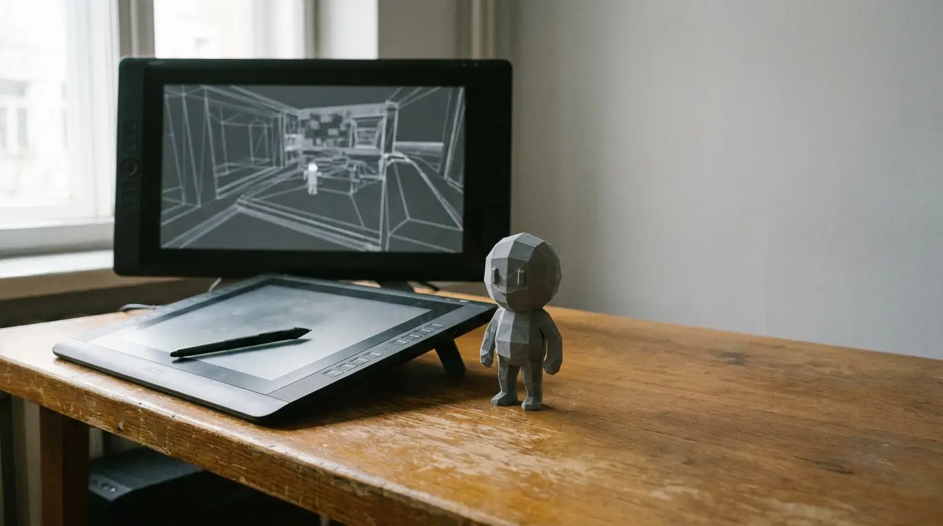 Computer screens displaying digital 3D design with stylus on wooden desk in bright workspace