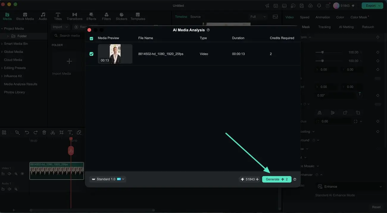 Media analysis dashboard with video thumbnail and editing controls in a dark interface.