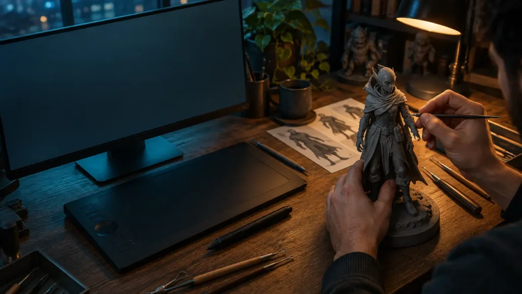 Artist sculpting detailed figurine at wooden desk with digital tablet and tools