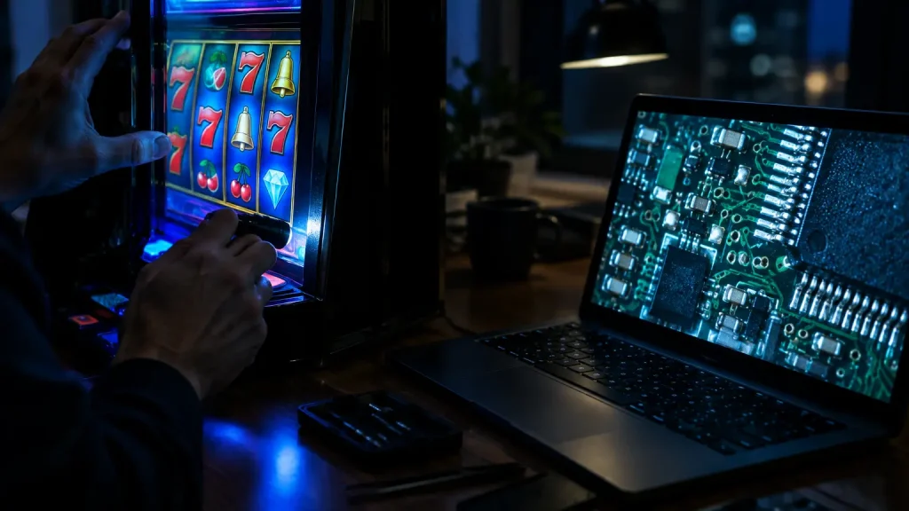 Person tinkering with slot machine next to laptop displaying circuit board in dimly lit room