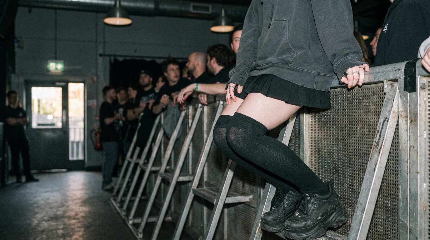 Person in dark clothing sitting on metal barricade at indoor concert venue