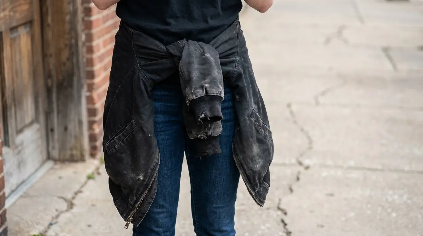 Cropped view of a jacket tied around the waist over dark jeans outside a music venue