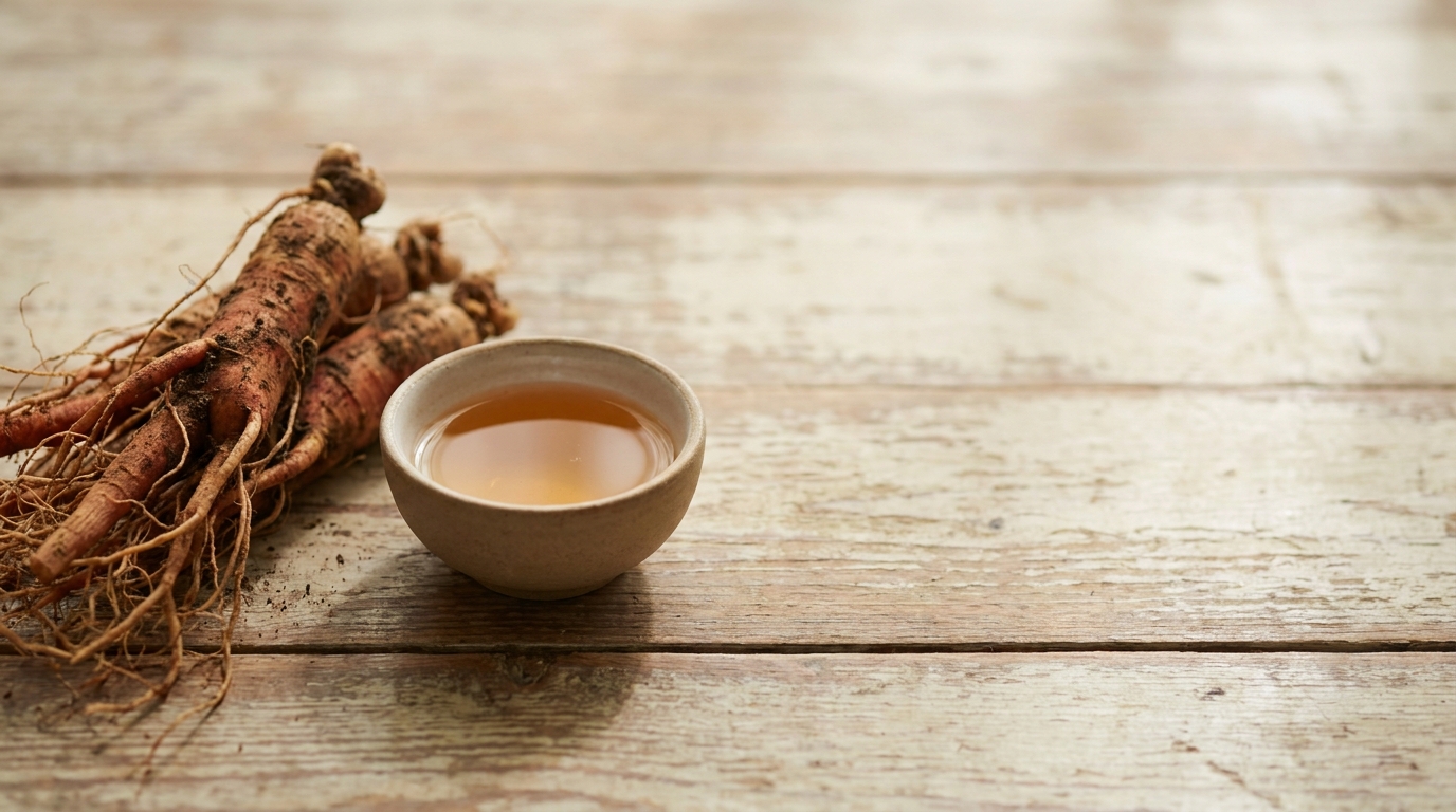 Ginseng roots next to a bowl of tea on rustic wooden table