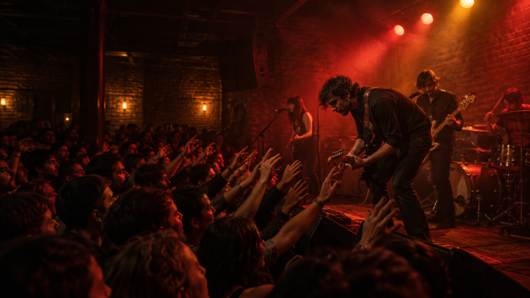 Musicians performing on stage in a dimly lit brick-walled venue with crowd reaching towards them