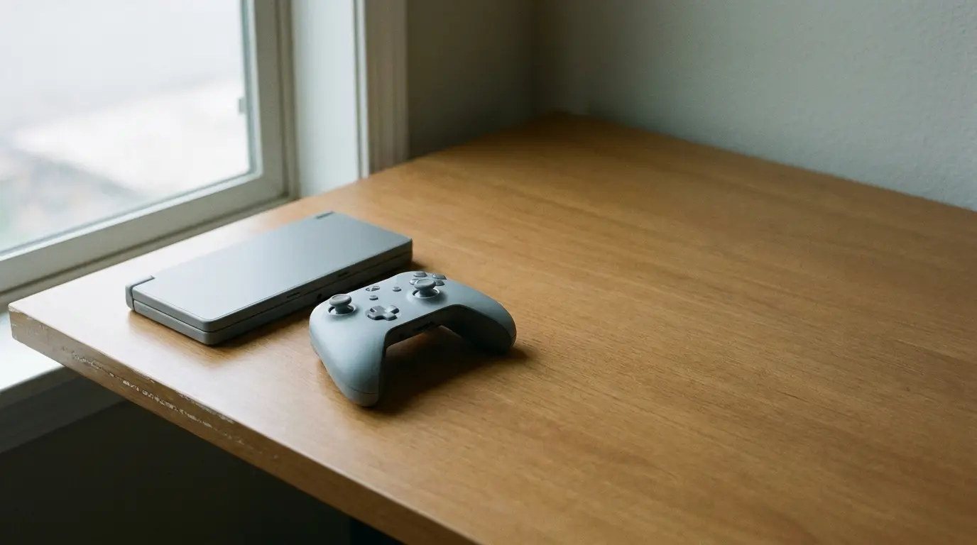 Gaming console and controller on wooden desk by a window in natural light
