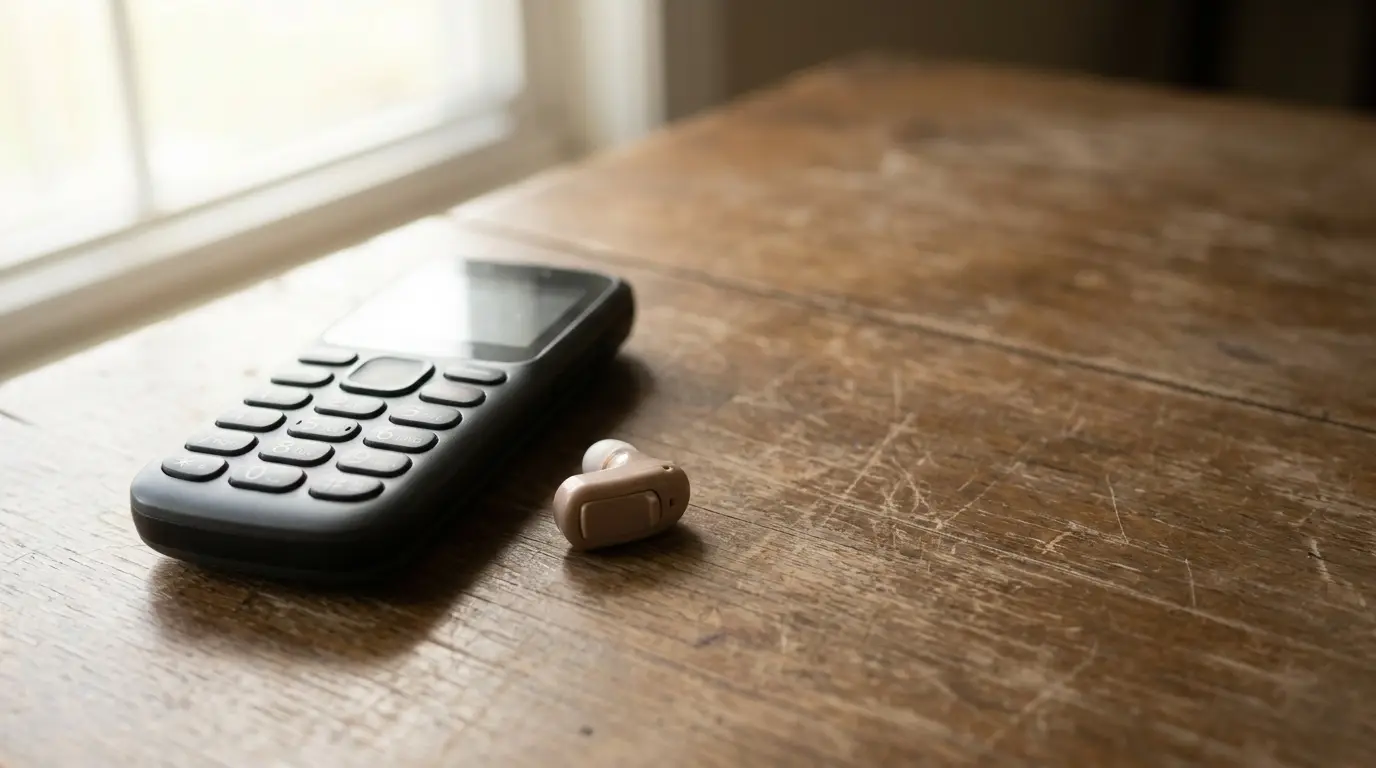 Mobile phone and wireless earbud on scratched wooden table in natural light