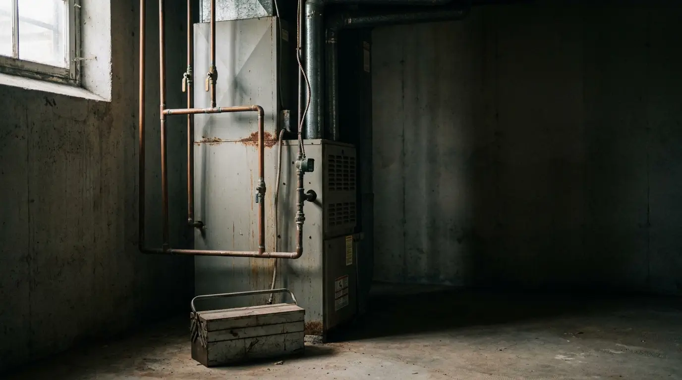 Rusty furnace with copper pipes in dimly lit industrial basement setting