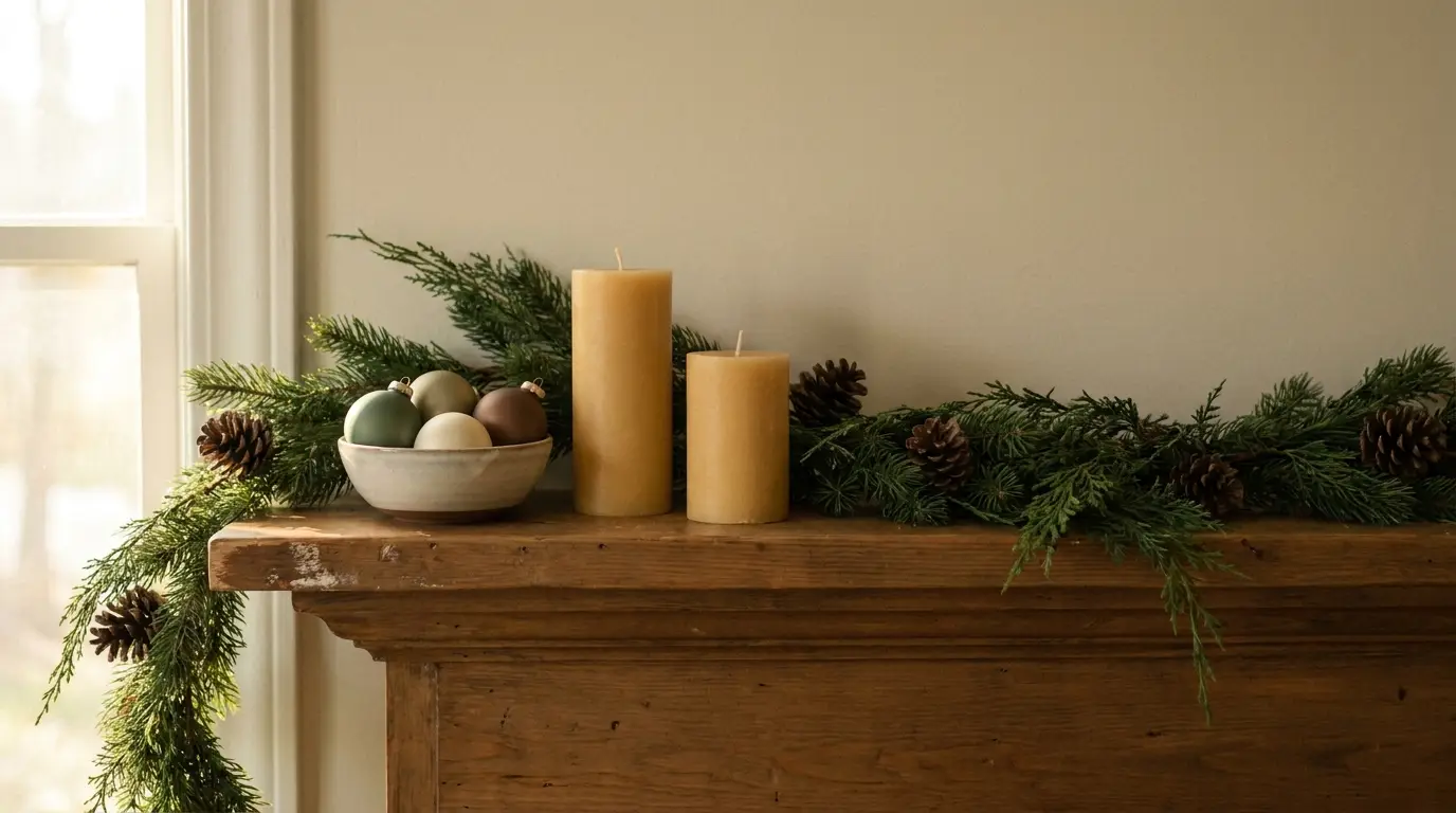 Candles and ornaments on wooden mantel with pine garland and pinecones