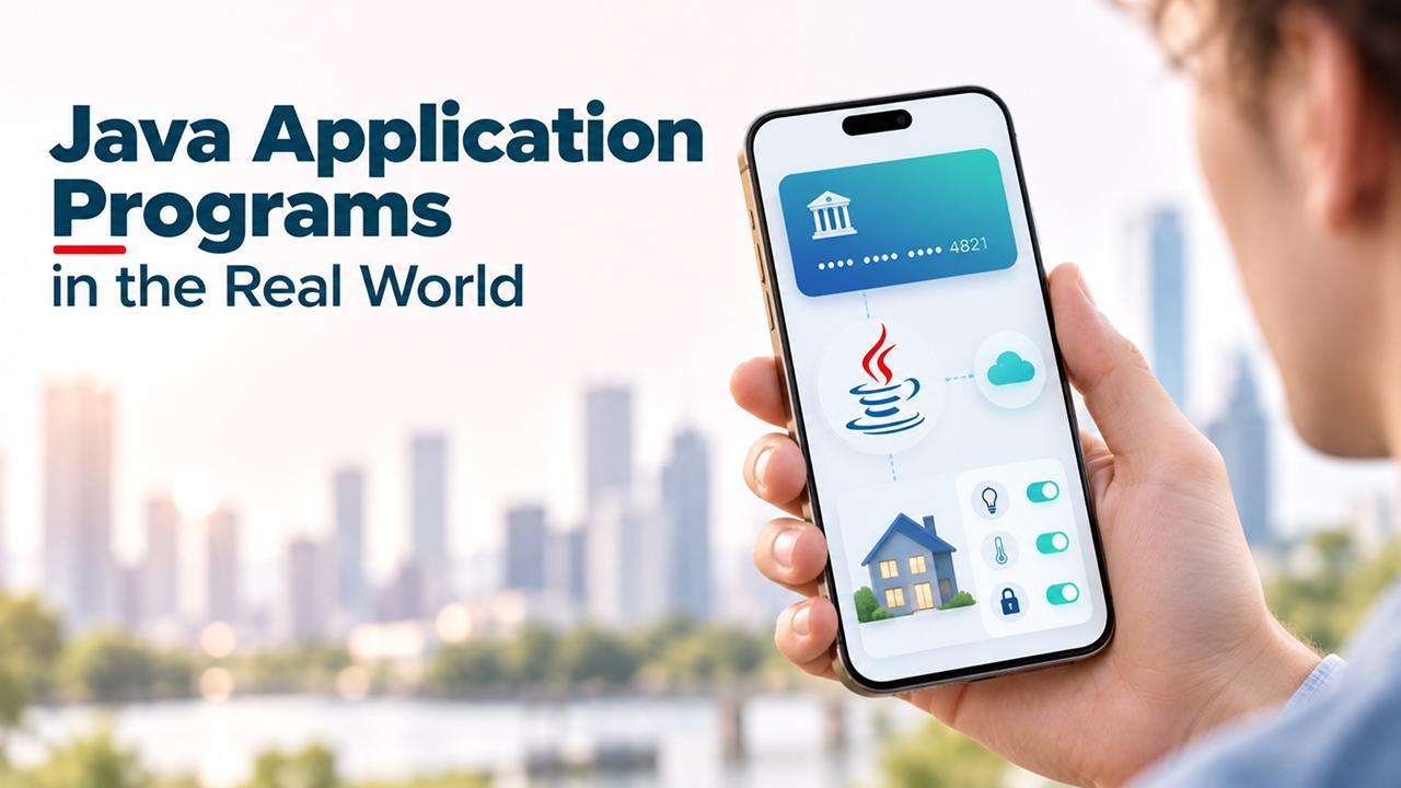 Smartphone displaying Java programming concepts with urban skyline in the background