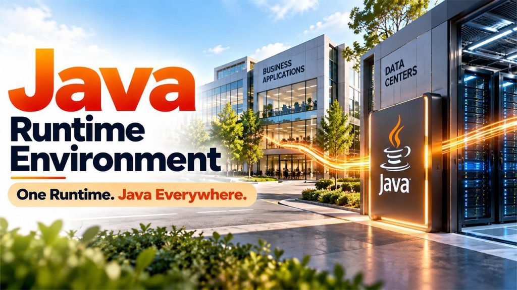 Modern office building and data center with illuminated Java logo and greenery in foreground