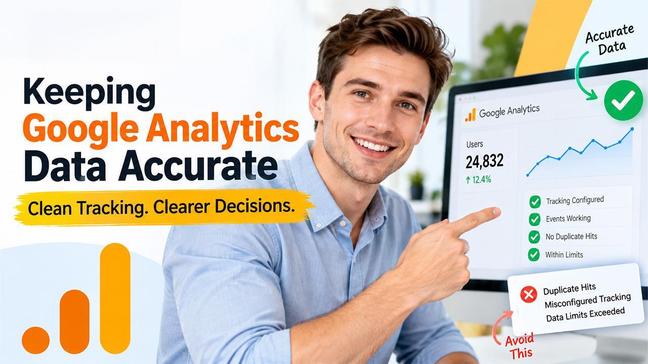 Smiling person pointing at Google Analytics data on computer screen in bright office setting