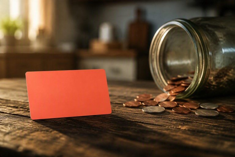 Loose coins spilling from glass jar onto rustic wooden table in warm kitchen setting