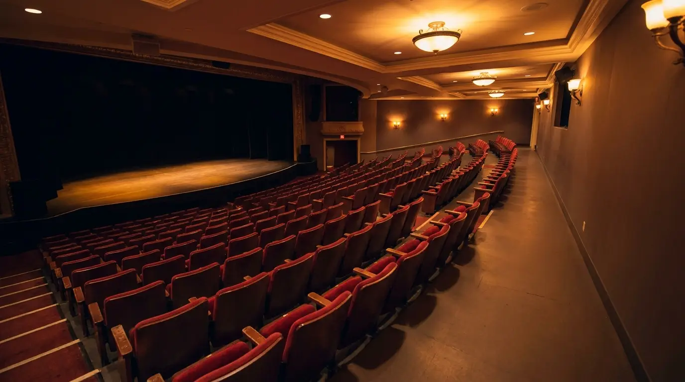 Empty theater auditorium with red seats and dim lighting facing a stage