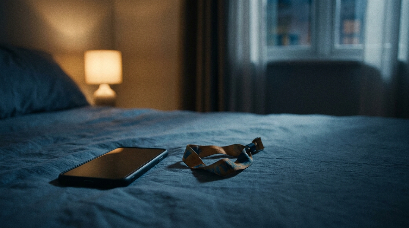 Smartphone and charging cable on a neatly made bed with a bedside lamp in soft lighting