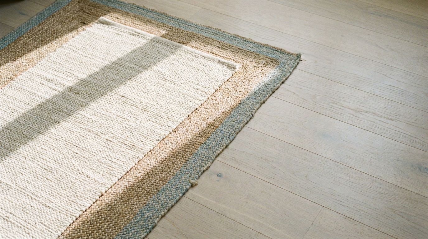 Natural fiber rug with beige and blue borders on light wood floor in sunny room