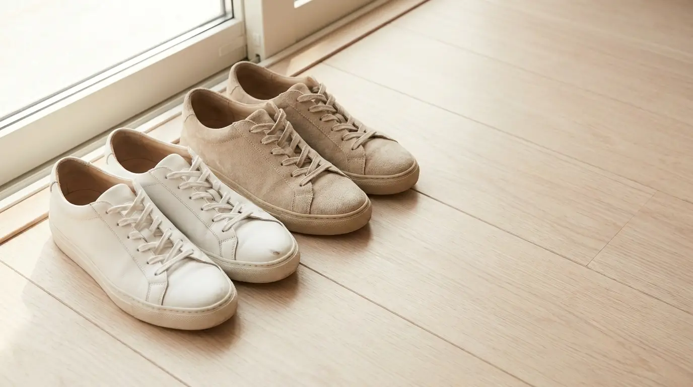 White and beige sneakers placed side by side on light wooden floor