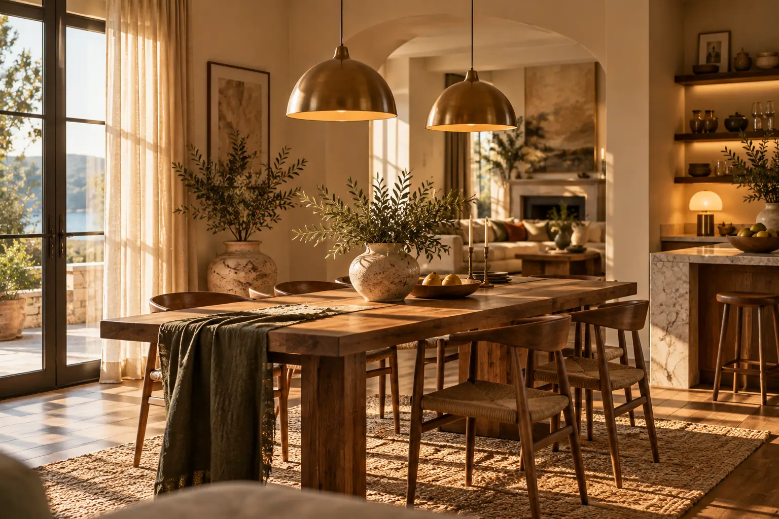 Warm, sunlit dining room with wooden table, brass pendant lights, and potted greenery
