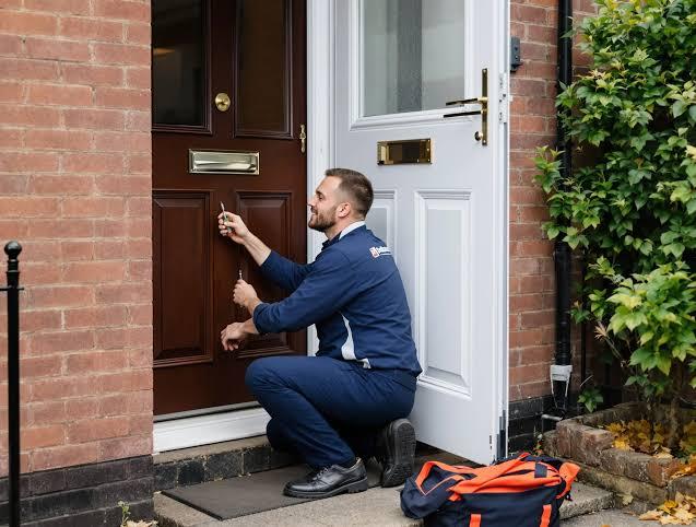 Locksmith in blue uniform repairing wooden front door on brick house exterior