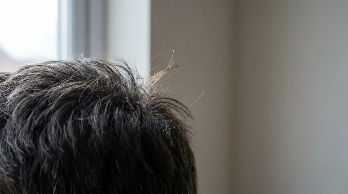 Close-up of dark hair with split ends in natural light near window