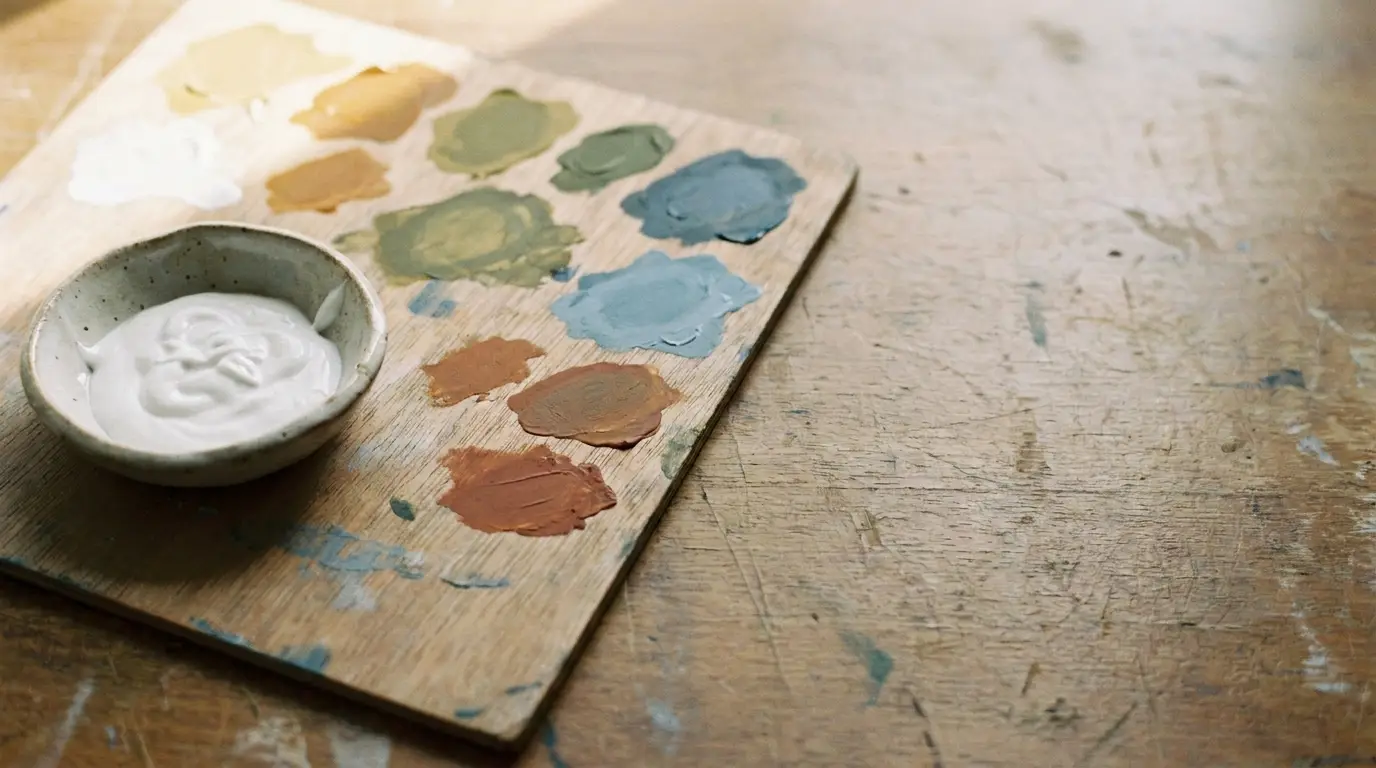 Wooden palette with various paint swatches beside a small bowl in natural light
