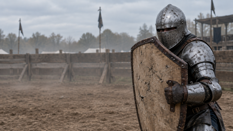 Knight in full armor with shield standing in a dirt arena during medieval reenactment