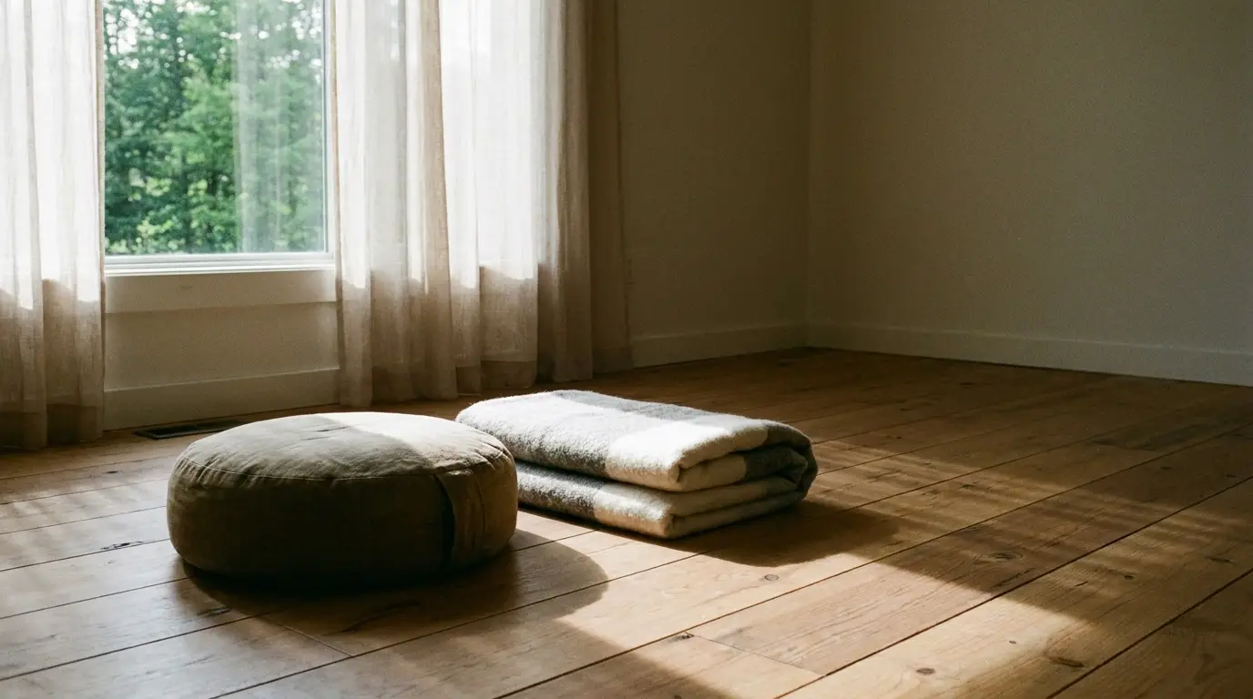 Round cushion and folded blankets on wooden floor in sunlit room with sheer curtains