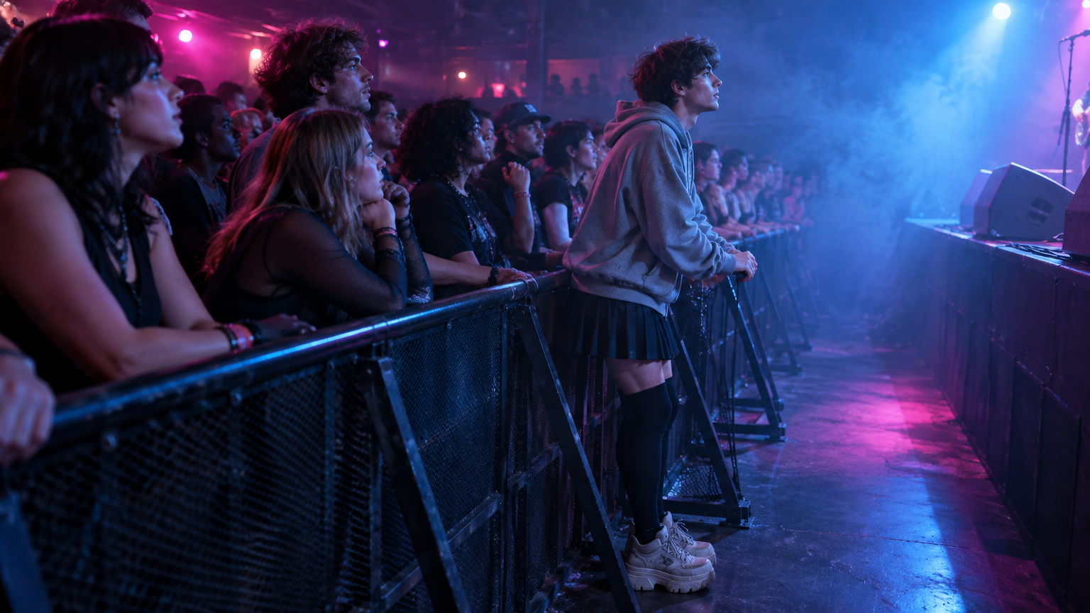 Audience watching band perform on stage in dimly lit concert venue