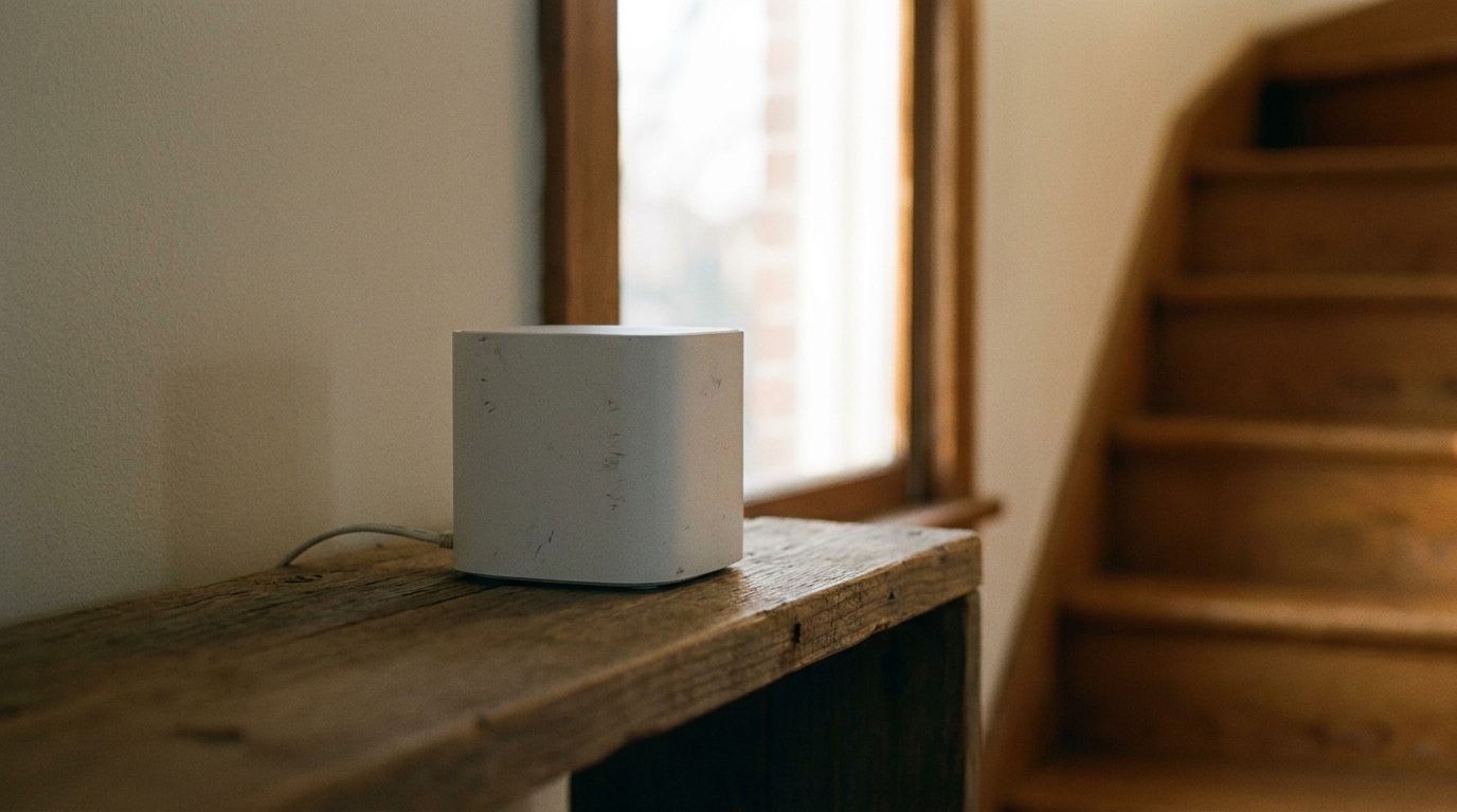 White cube-shaped device on rustic wooden shelf near wooden staircase in softly lit interior