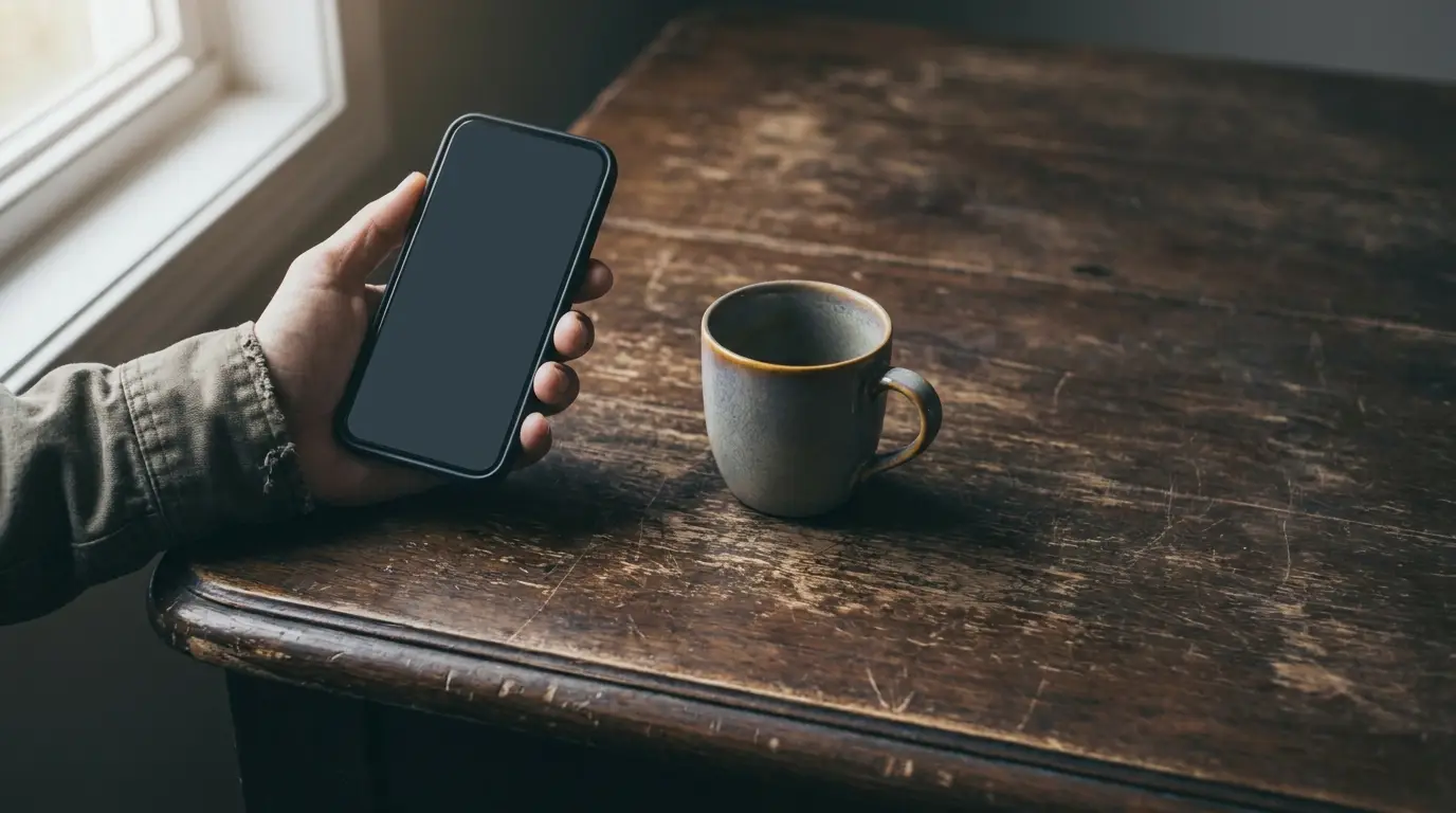 Hand holding smartphone next to coffee mug on rustic wooden table