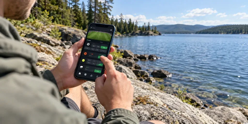 Person holding smartphone with sports app by a scenic lakeside landscape with rocks and trees
