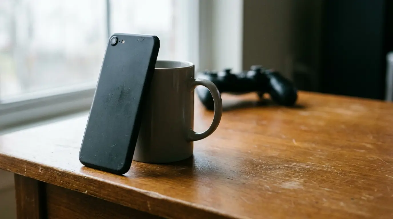Smartphone leaning against a mug on a wooden table with a gaming controller nearby