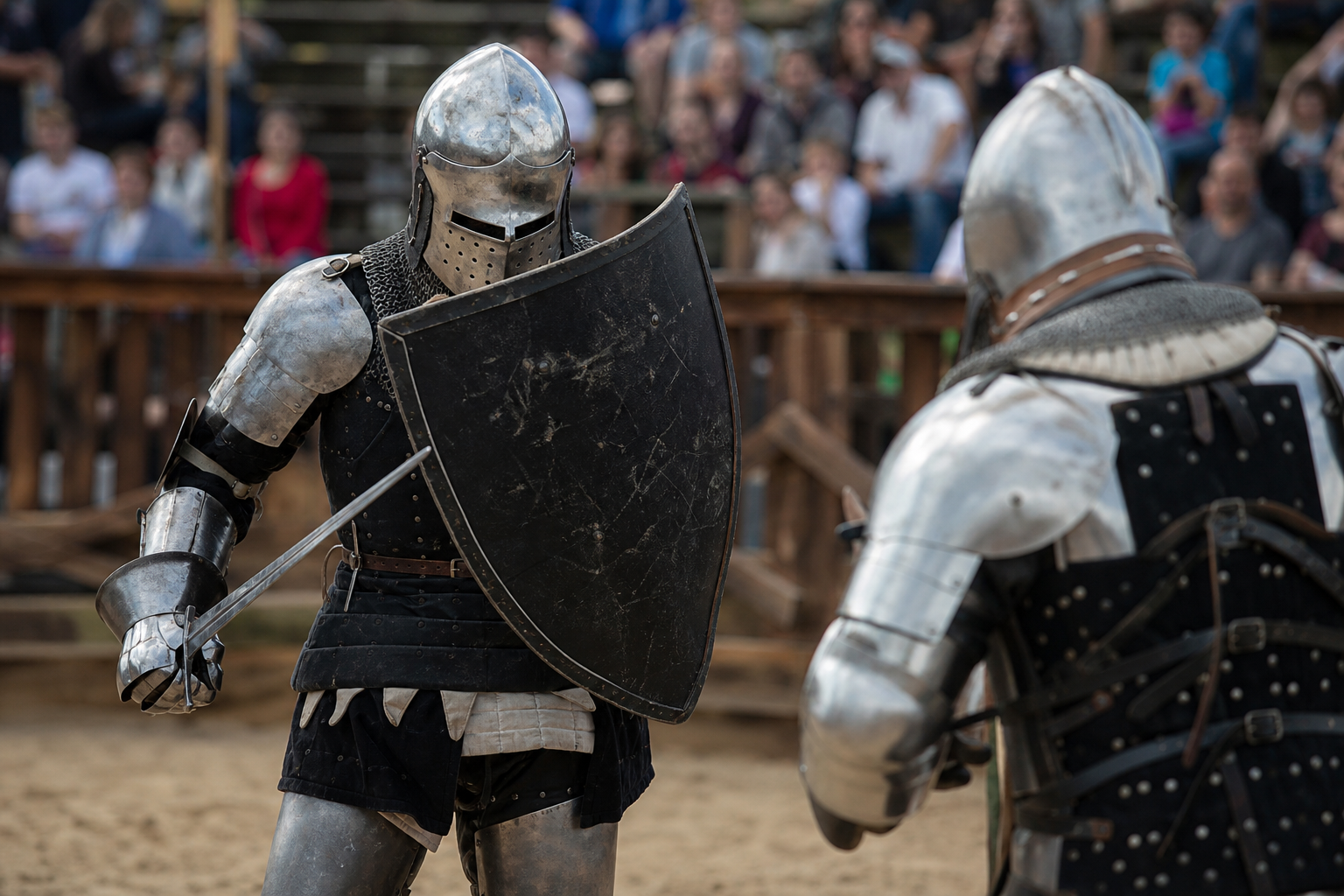 Medieval knights in full armor engaged in sword fight at outdoor arena