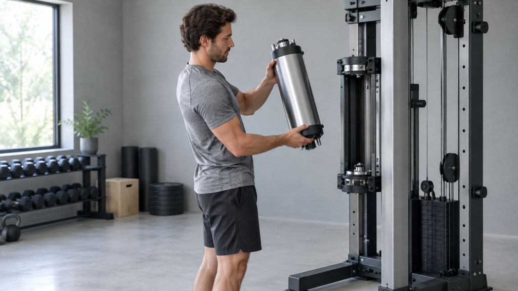 Man in gray shirt holding stainless steel part in modern gym near weight machine